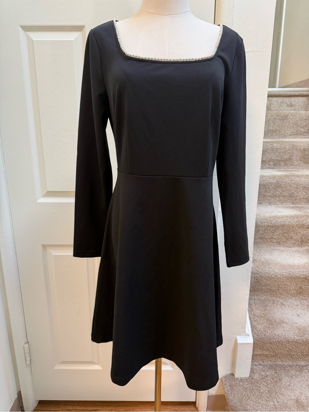 Allegra K Black Long-Sleeve Square Neck Dress with Beaded Trim